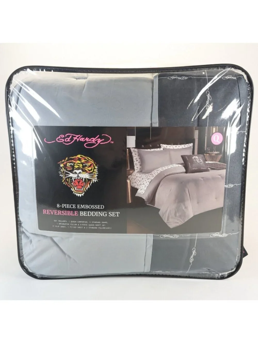 Ed Hardy Queen Comforter Bed Set w Shams Pillow Sheets Black White Dice Skull